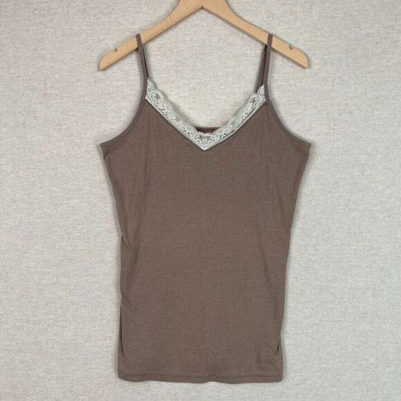 Old Navy Womens Y2K Ribbed Lace Trimmed Tank Size XL Preppy Coquette 90s Vneck - Picture 1 of 7